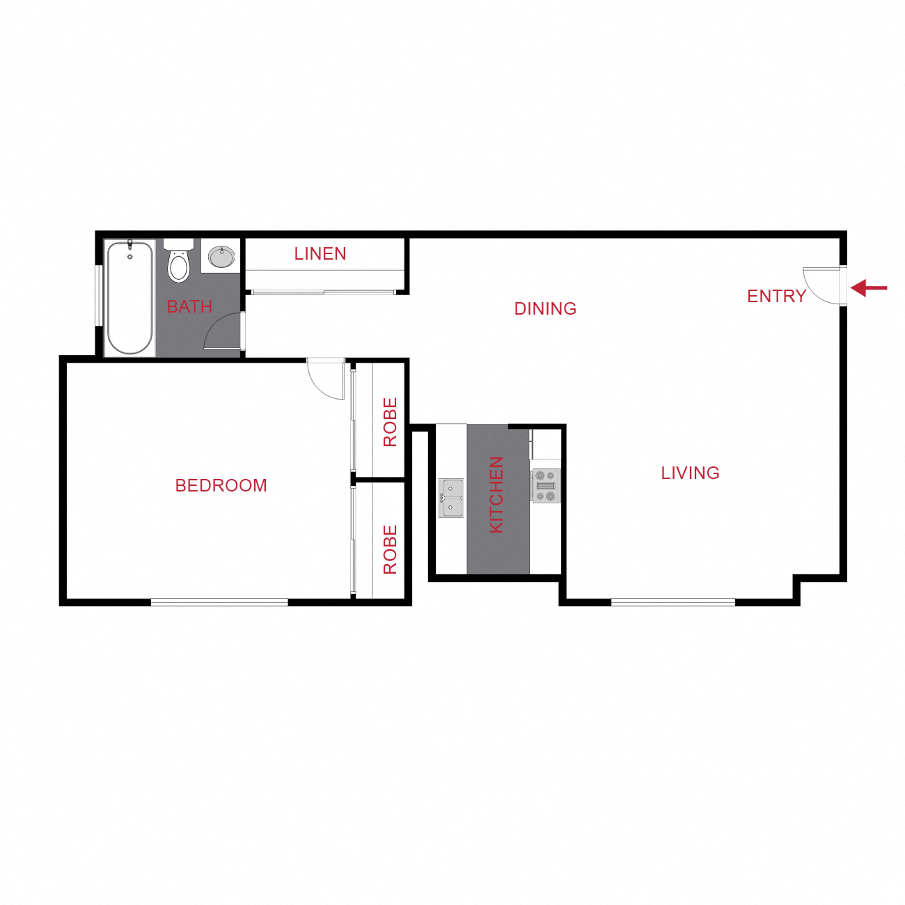 Floor plan for 1 bed, 1 bath, 570 sqft